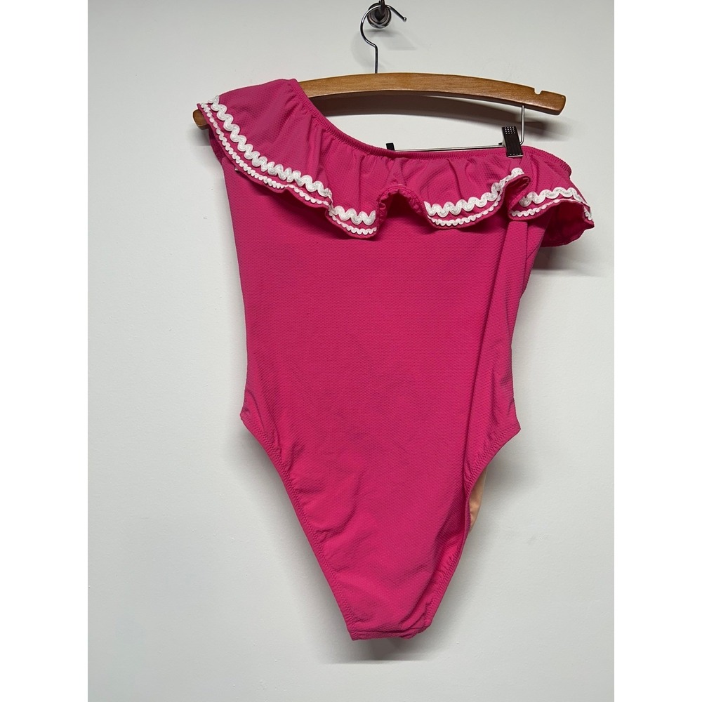 J.Crew Pink One Shoulder Ruffle One Piece Swimsuit Ric Rac Trim Size 6 - Picture 5 of 7